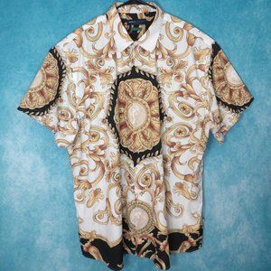 Suslo Couture Button Up Short Sleeve Shirt, Gold/White/Black, Size 3XL (XXXL)
